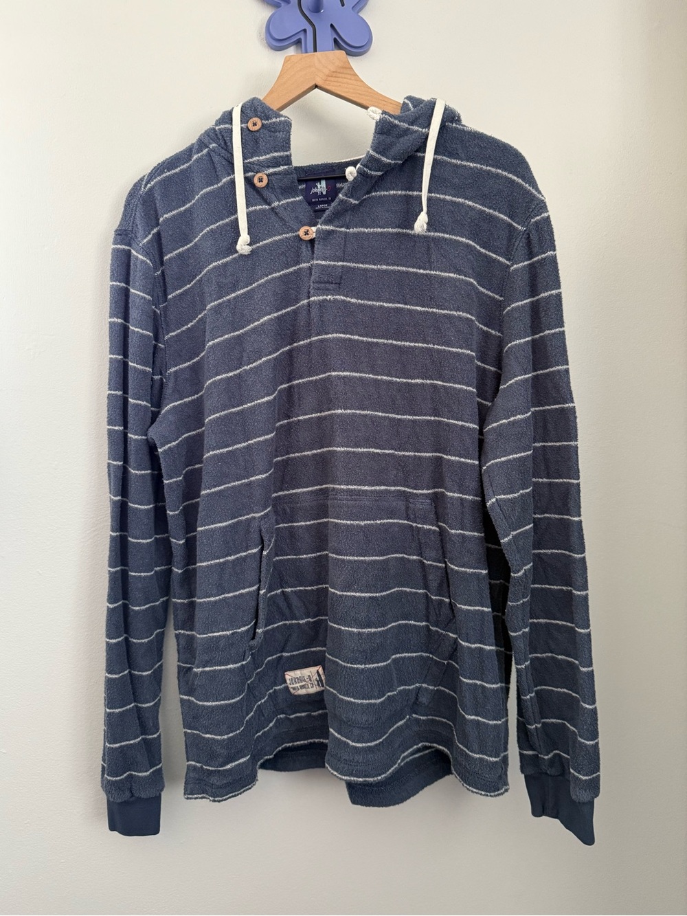 Johnnie.O men’s Large Terry Cloth Hoodie Henley Navy White Stripe Beach Vacation